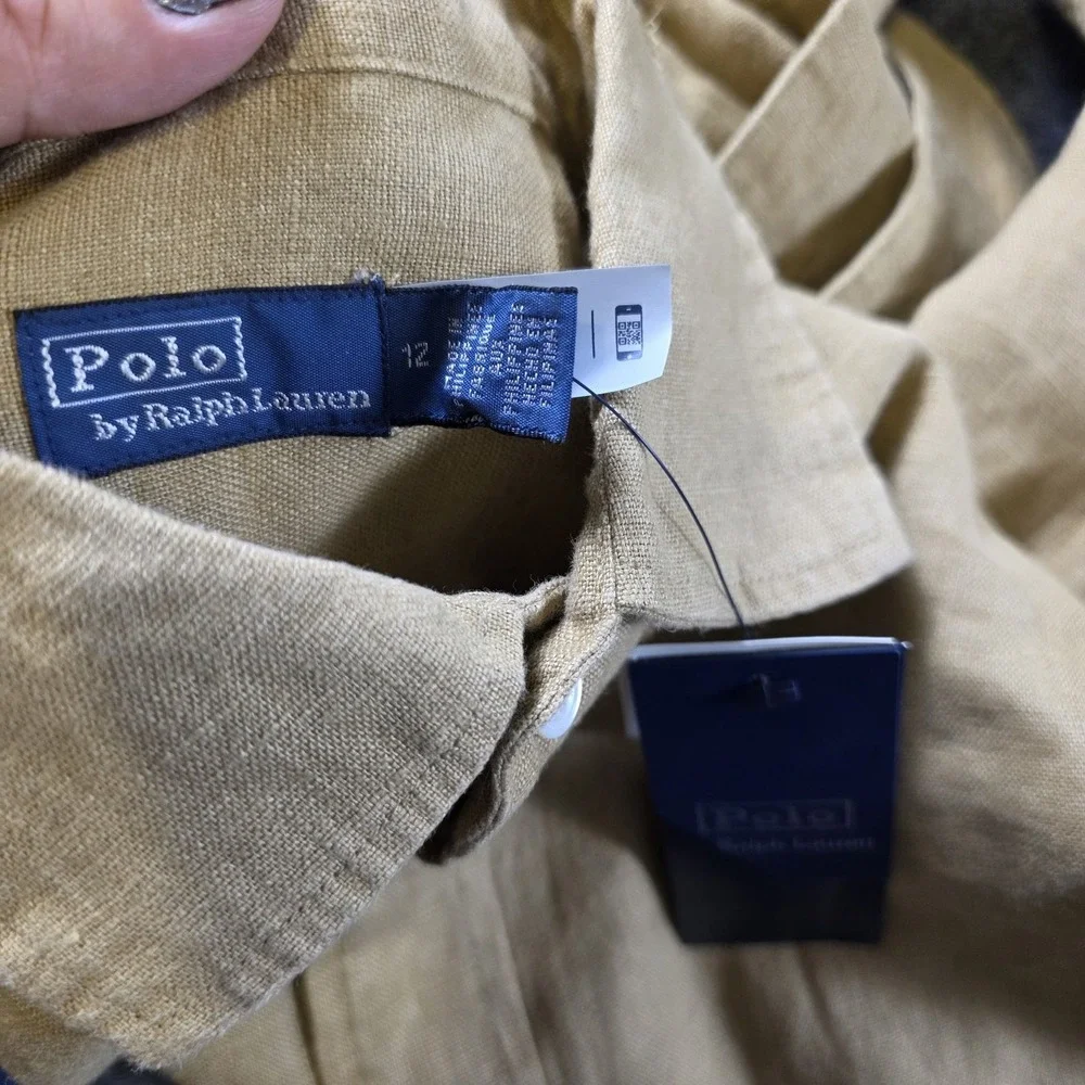 Polo Ralph Lauren Belted Linen Shirt Dress Size 12 Safari Tan Neutral Minimalist - Picture 3 of 11